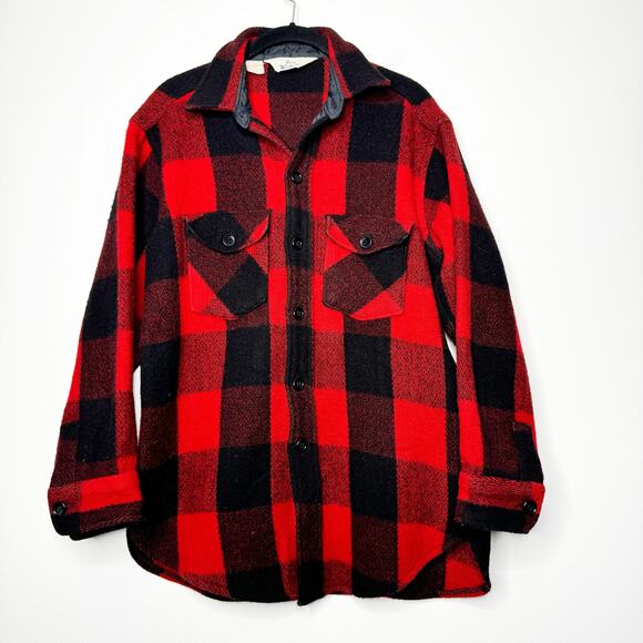 Vtg 60s Woolrich Buffalo Plaid Wool Jacket Shirt Red Black USA Small Shacket - Picture 1 of 7